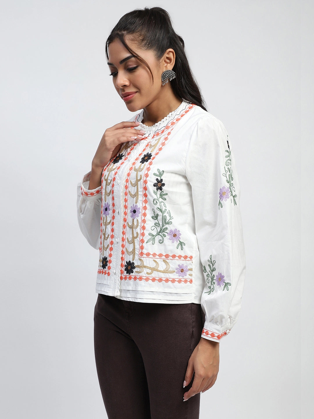 White Thread Embroidery Cotton Regular Fit Shirt