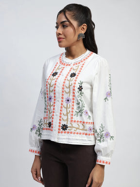 White Thread Embroidery Cotton Regular Fit Shirt