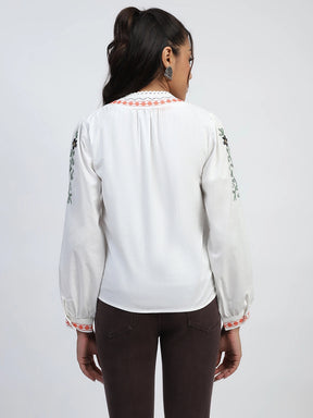 White Thread Embroidery Cotton Regular Fit Shirt