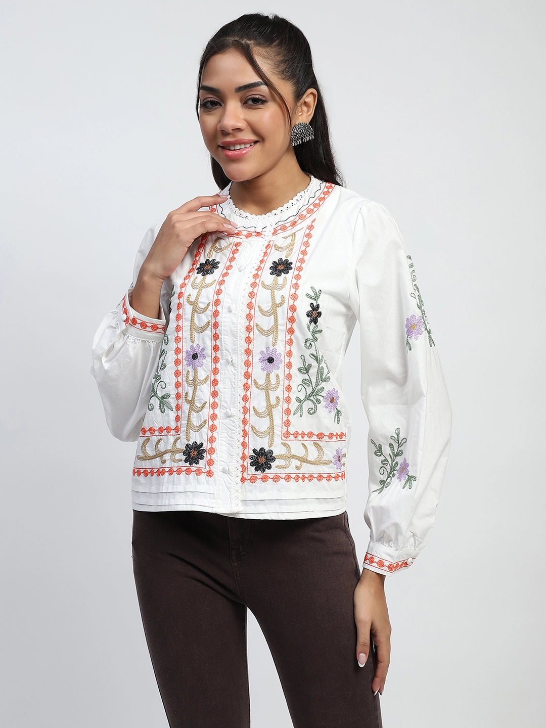 White Thread Embroidery Cotton Regular Fit Shirt