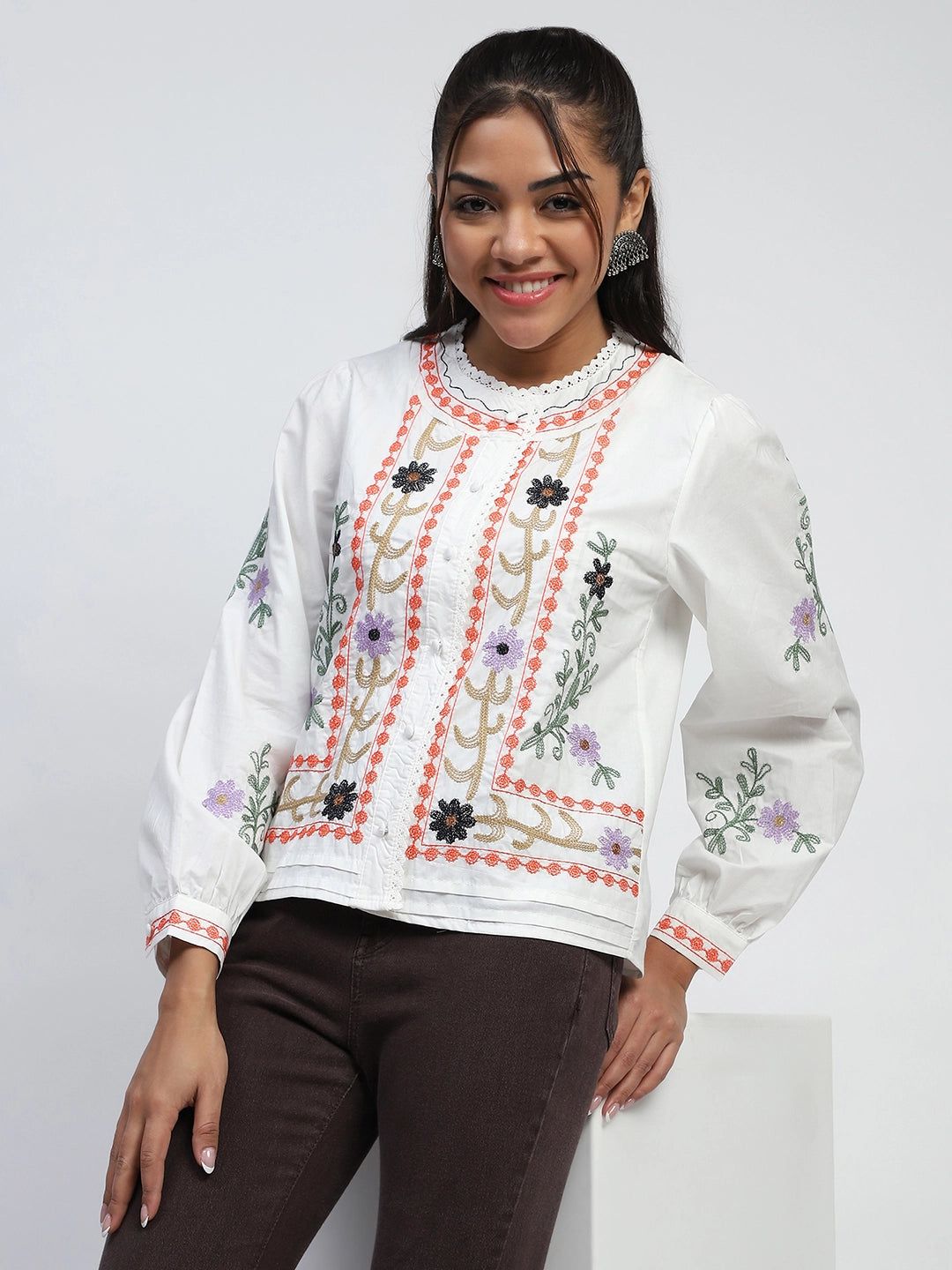 White Thread Embroidery Cotton Regular Fit Shirt