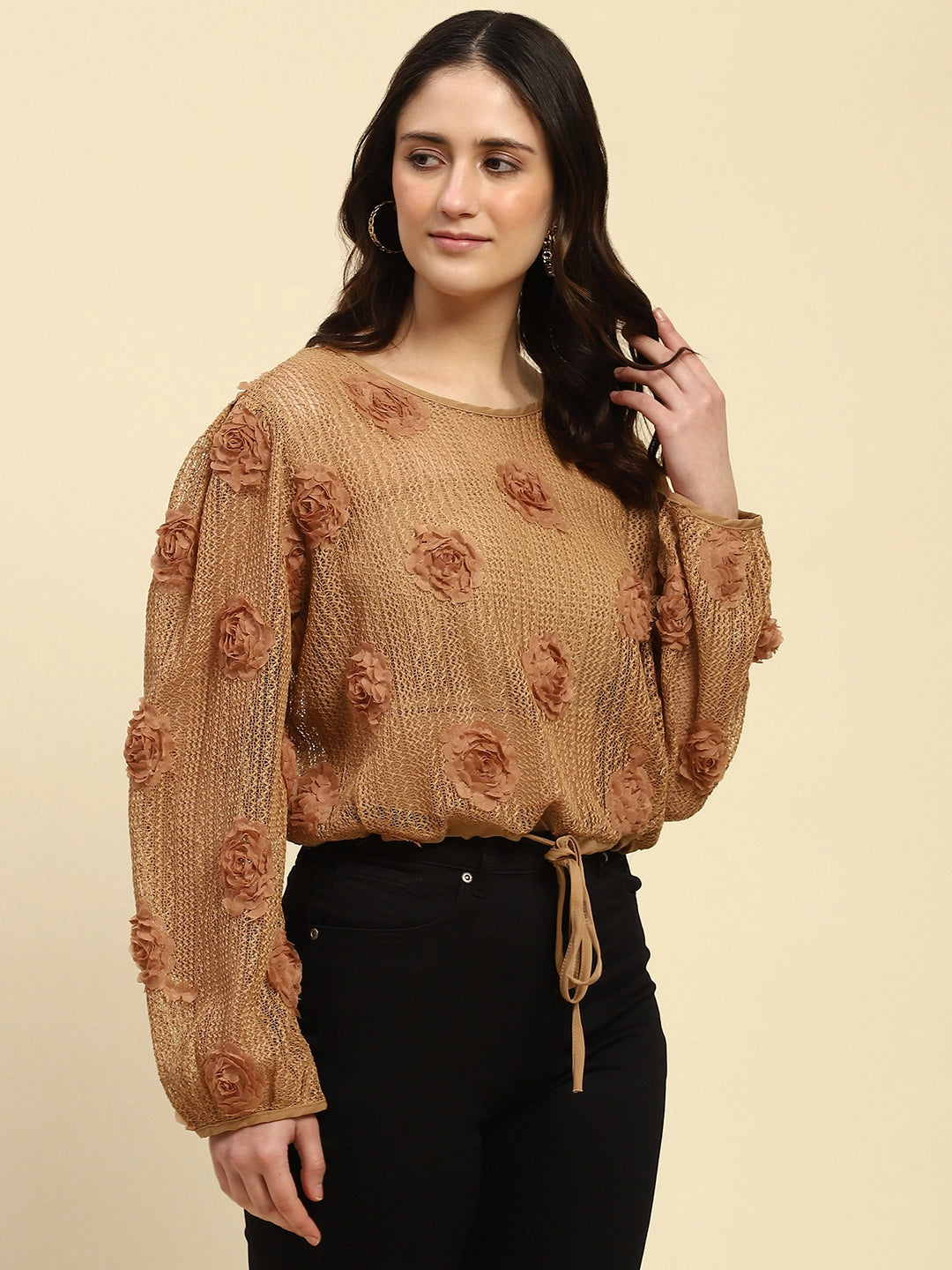 Brown Applique Embroidery Poly Blend Boxy Fit Blouson Top