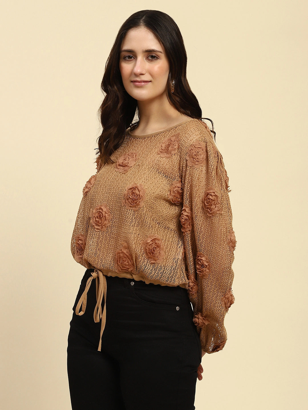 Brown Applique Embroidery Poly Blend Boxy Fit Blouson Top