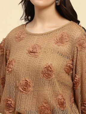 Brown Applique Embroidery Poly Blend Boxy Fit Blouson Top