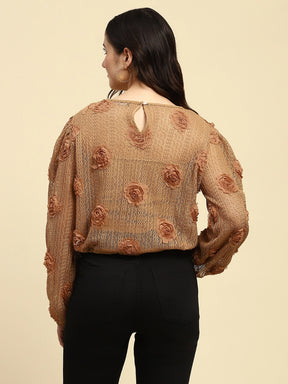 Brown Applique Embroidery Poly Blend Boxy Fit Blouson Top