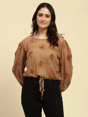 Brown Applique Embroidery Poly Blend Boxy Fit Blouson Top