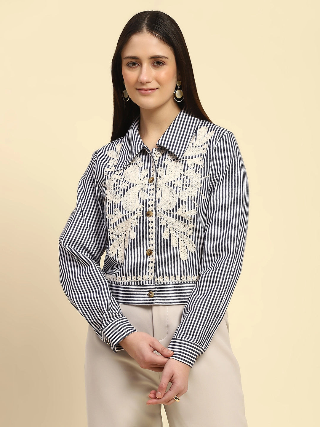 Navy Embroidered Cotton Regular Fit Shirt