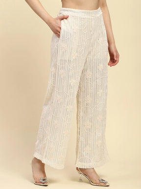 Cream Embroidered Cotton Relaxed Fit Lower