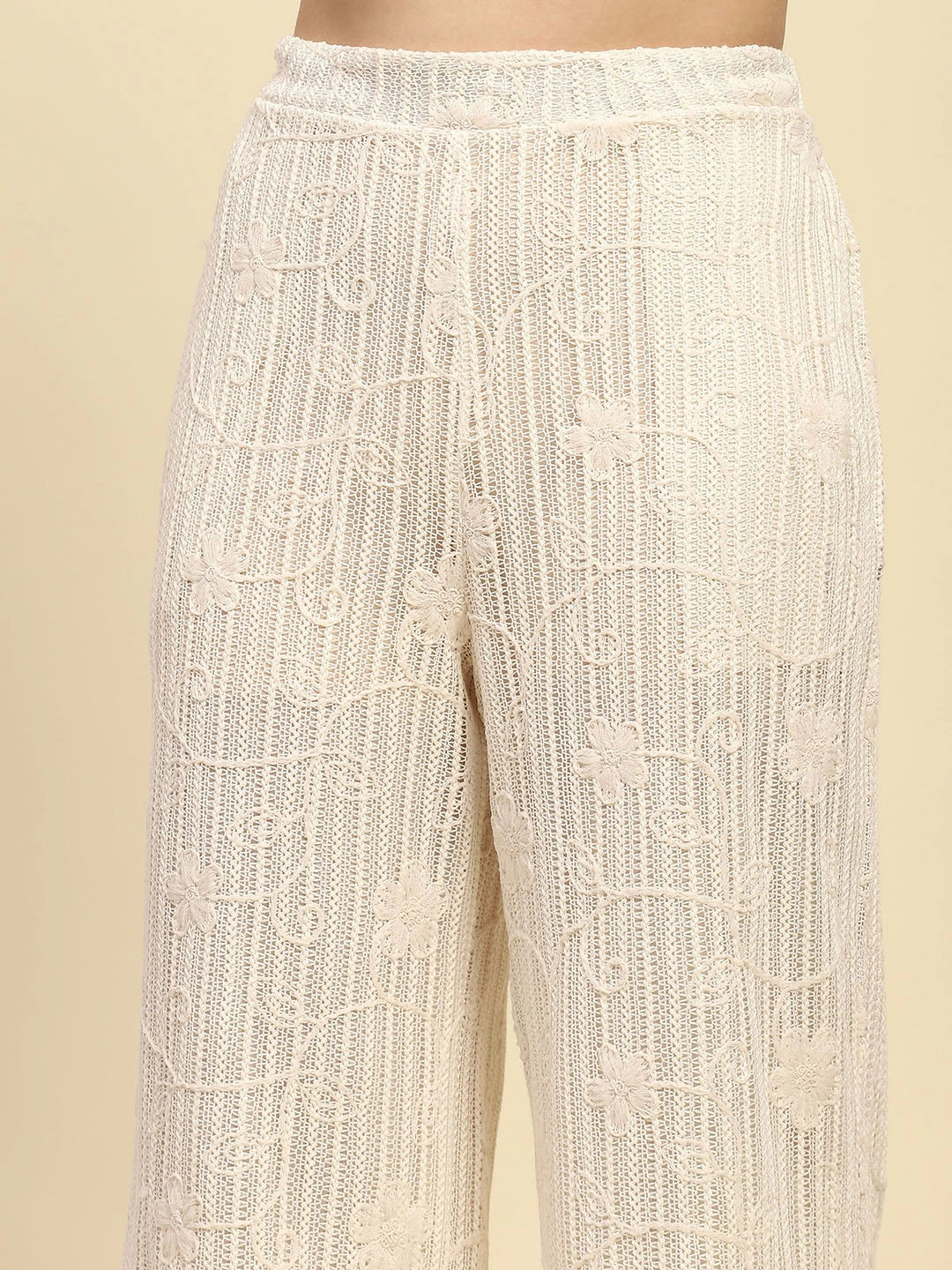 Cream Embroidered Cotton Relaxed Fit Lower