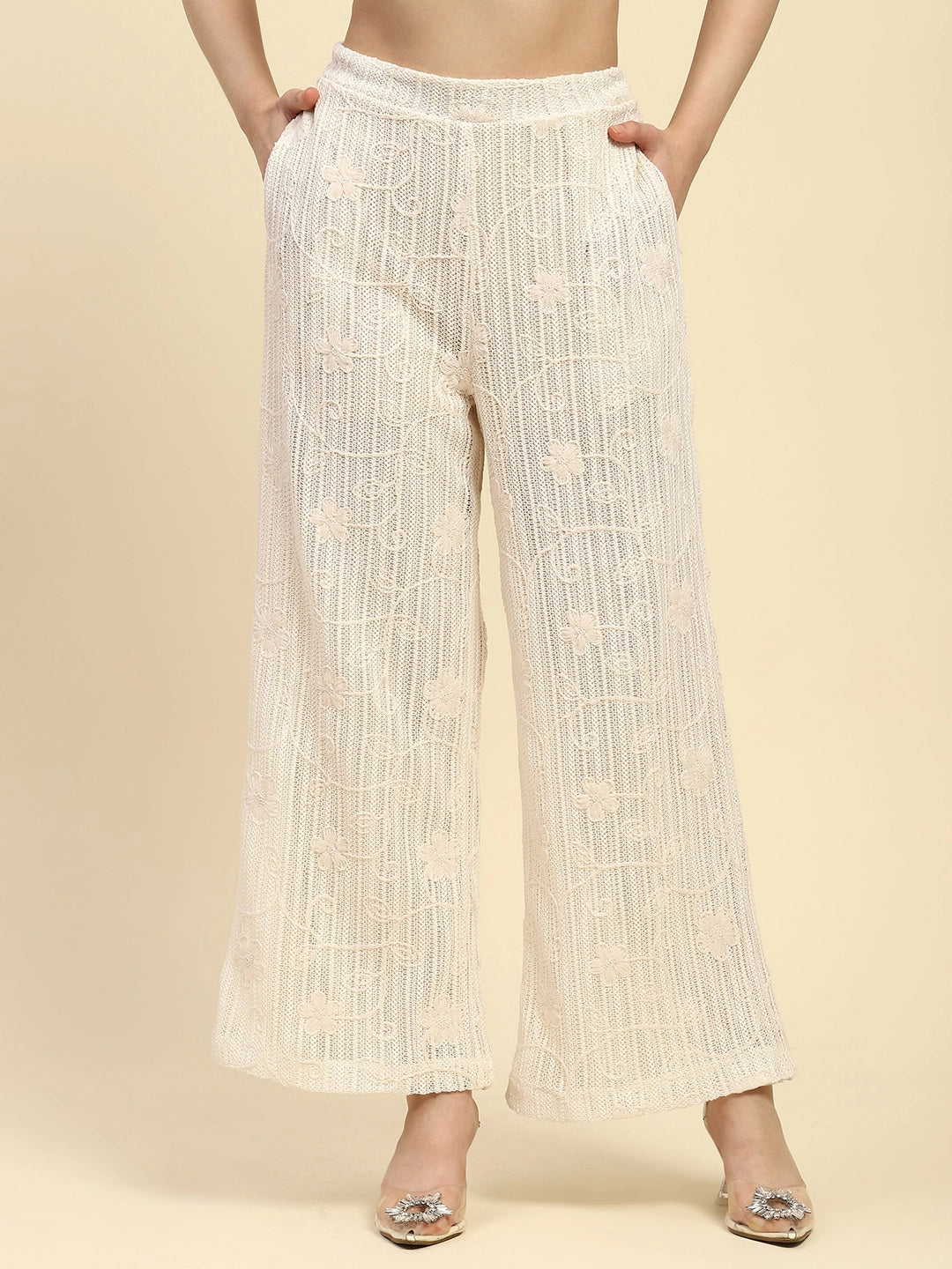 Cream Embroidered Cotton Relaxed Fit Lower