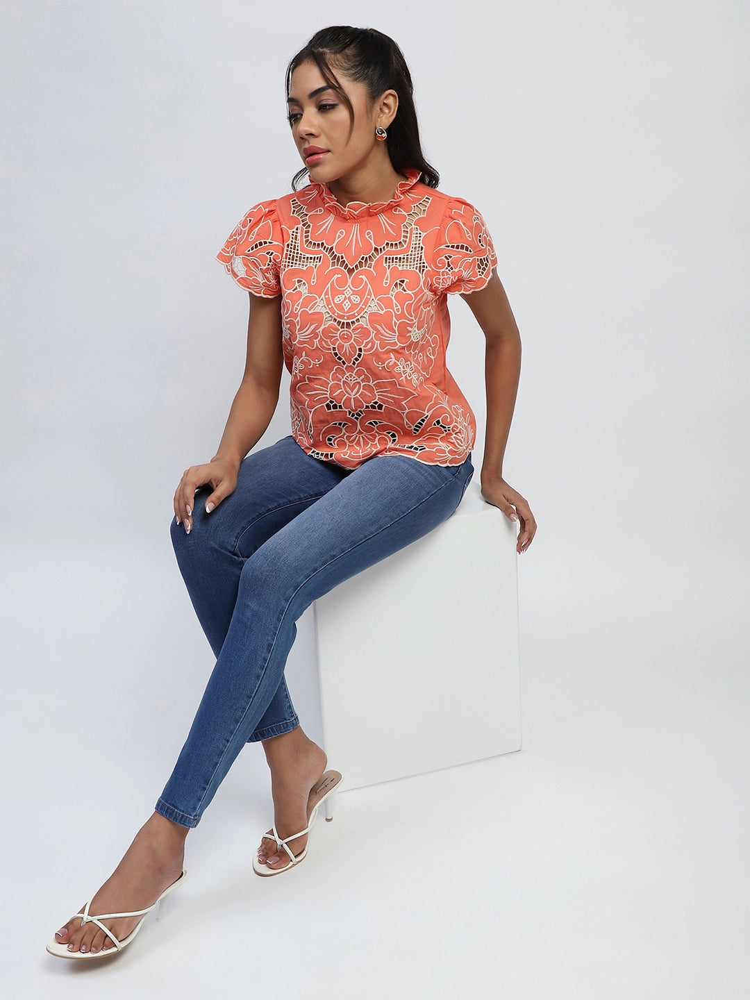 Dark Peach Thread Cut Work Embroidery Cotton Relaxed Fit Blouse