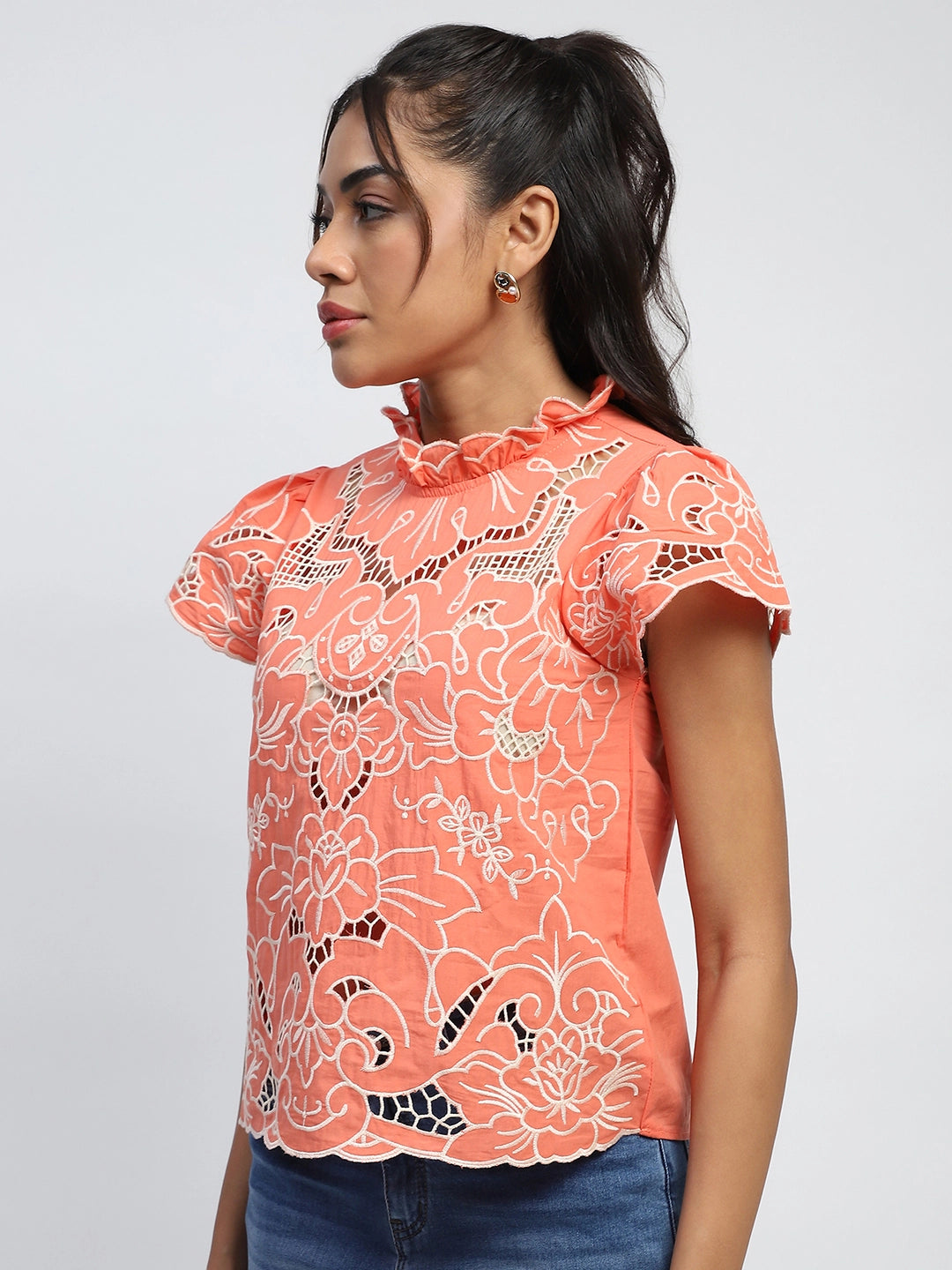 Dark Peach Thread Cut Work Embroidery Cotton Relaxed Fit Blouse