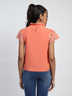 Dark Peach Thread Cut Work Embroidery Cotton Relaxed Fit Blouse