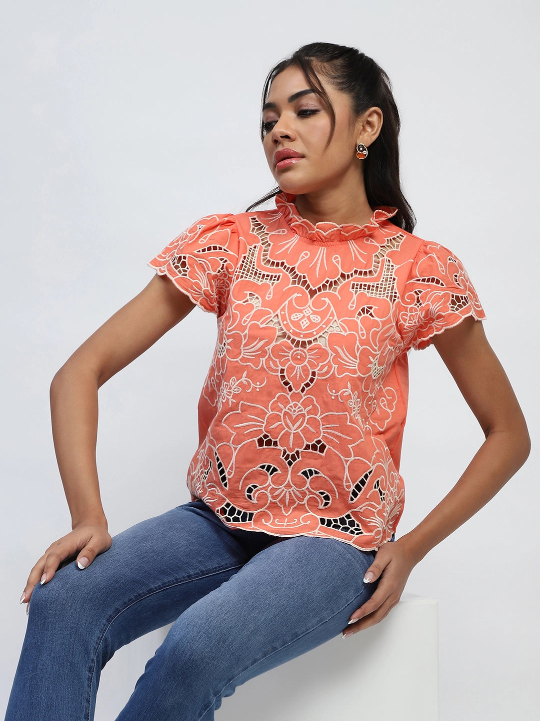 Dark Peach Thread Cut Work Embroidery Cotton Relaxed Fit Blouse