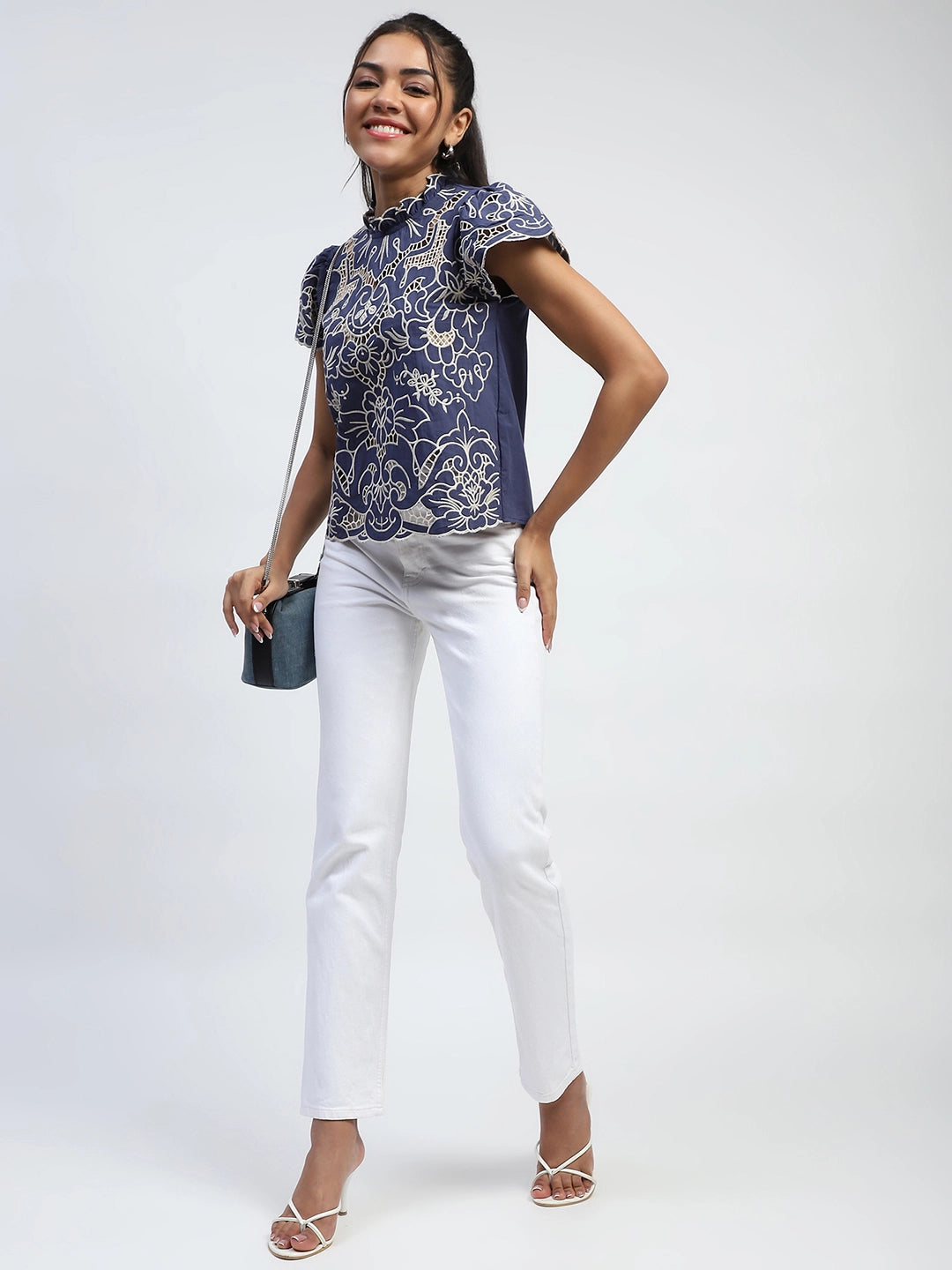 Navy Thread Cut Work Embroidery Cotton Relaxed Fit Blouse