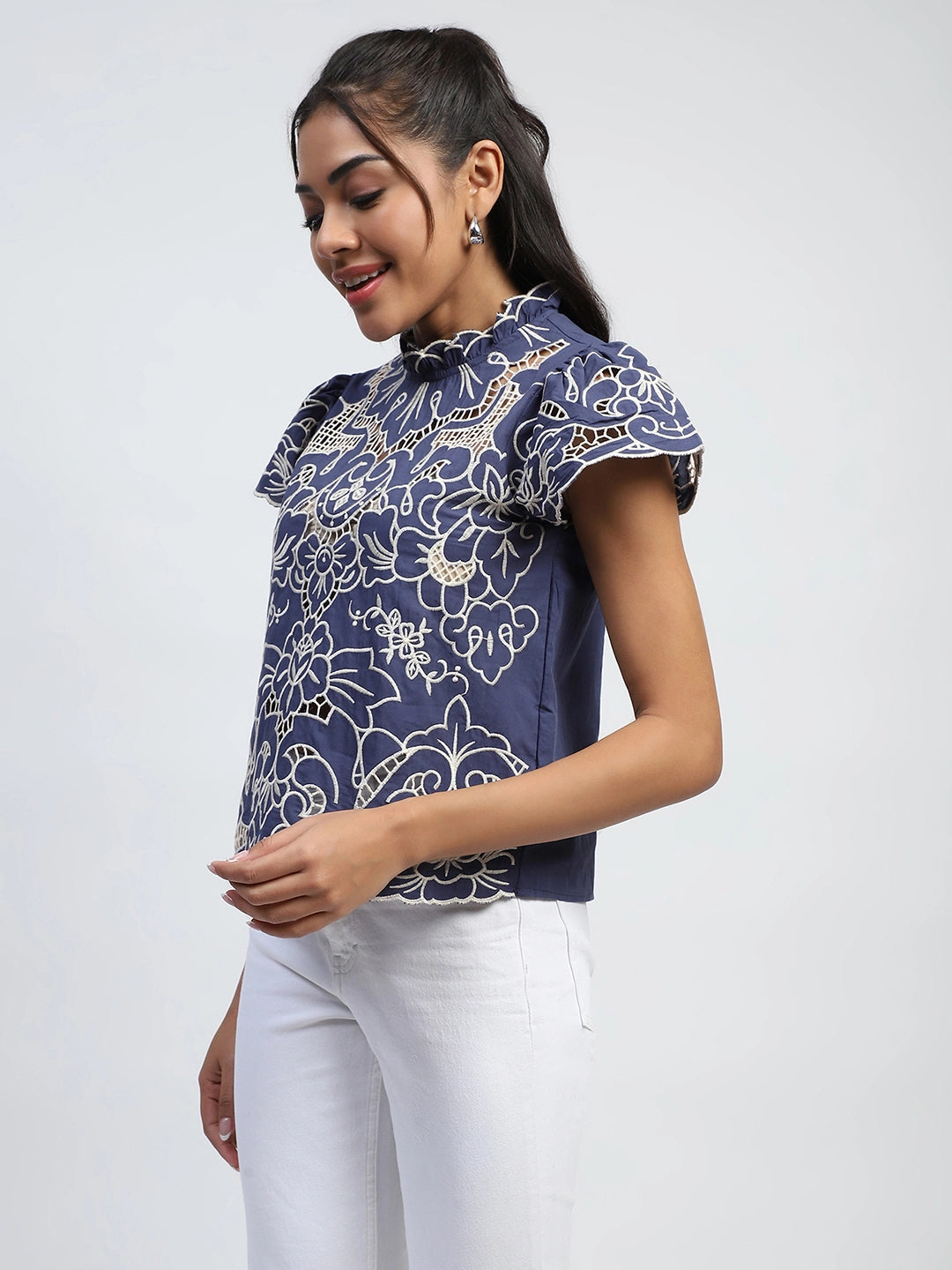 Navy Thread Cut Work Embroidery Cotton Relaxed Fit Blouse