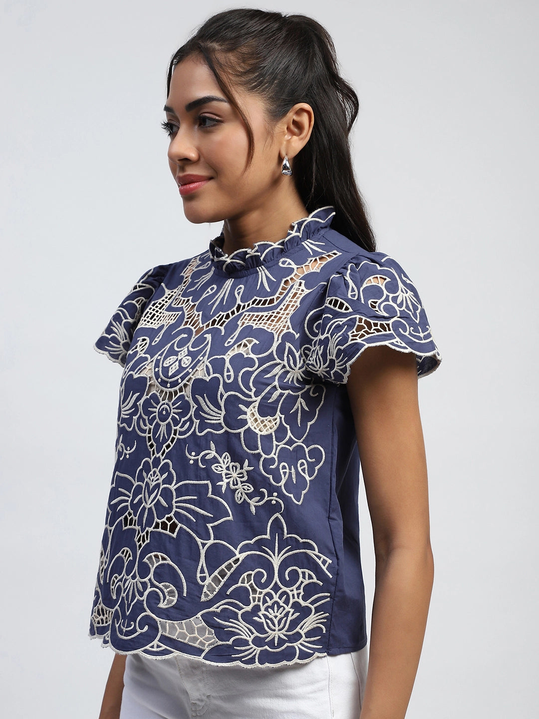 Navy Thread Cut Work Embroidery Cotton Relaxed Fit Blouse