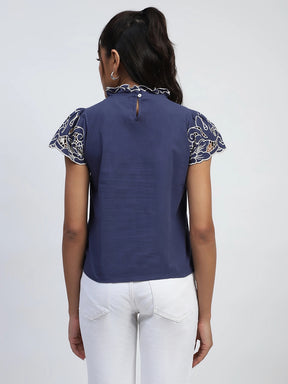 Navy Thread Cut Work Embroidery Cotton Relaxed Fit Blouse