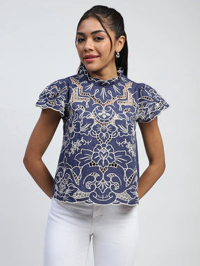 Navy Thread Cut Work Embroidery Cotton Relaxed Fit Blouse