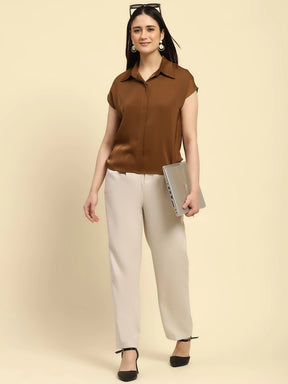 Brown Solid Satin Loose Fit Formal Shirt