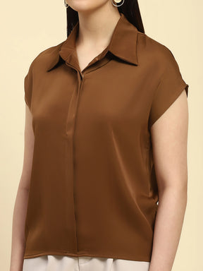 Brown Solid Satin Loose Fit Formal Shirt