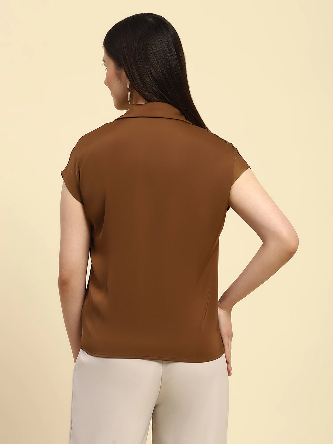 Brown Solid Satin Loose Fit Formal Shirt