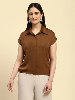 Brown Solid Satin Loose Fit Formal Shirt