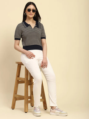 Navy Stripes Pattern Viscose Boxy Fit Top