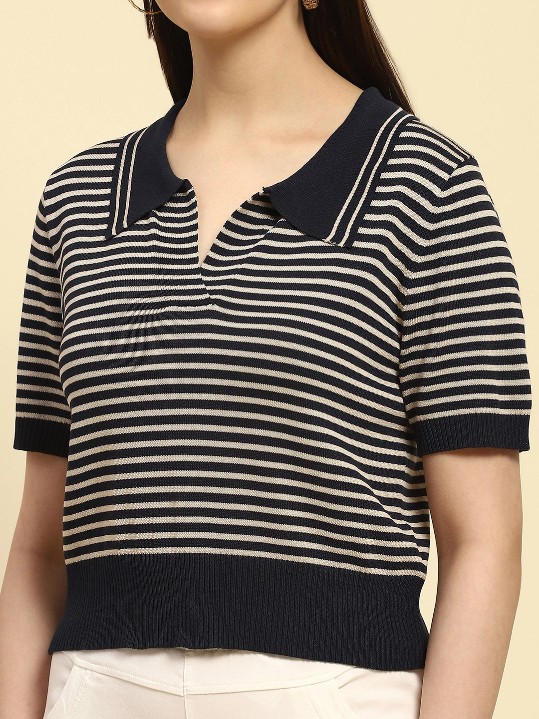 Navy Stripes Pattern Viscose Boxy Fit Top