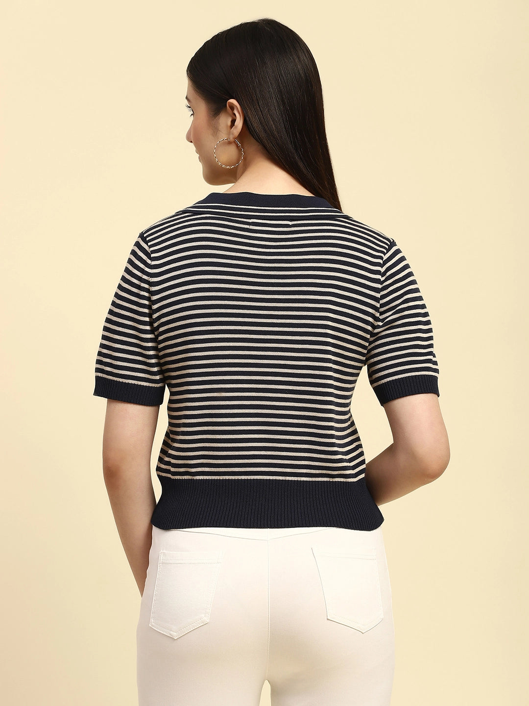 Navy Stripes Pattern Viscose Boxy Fit Top