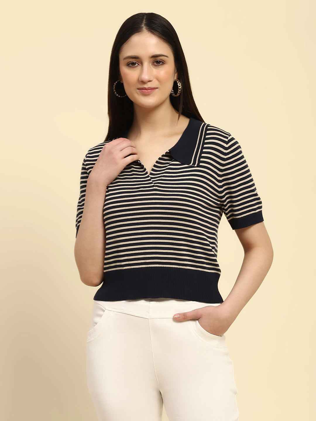 Navy Stripes Pattern Viscose Boxy Fit Top