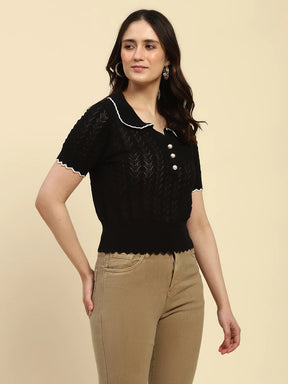 Black Textured Pattern Cotton Blend Relaxed Fit Top