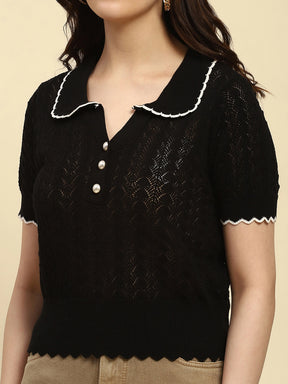 Black Textured Pattern Cotton Blend Relaxed Fit Top