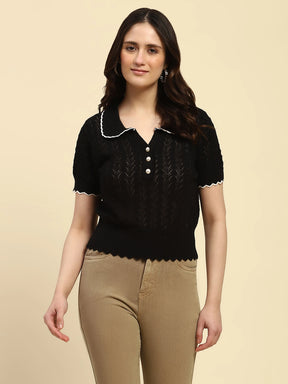 Black Textured Pattern Coton Blend Relaxed Fit Top