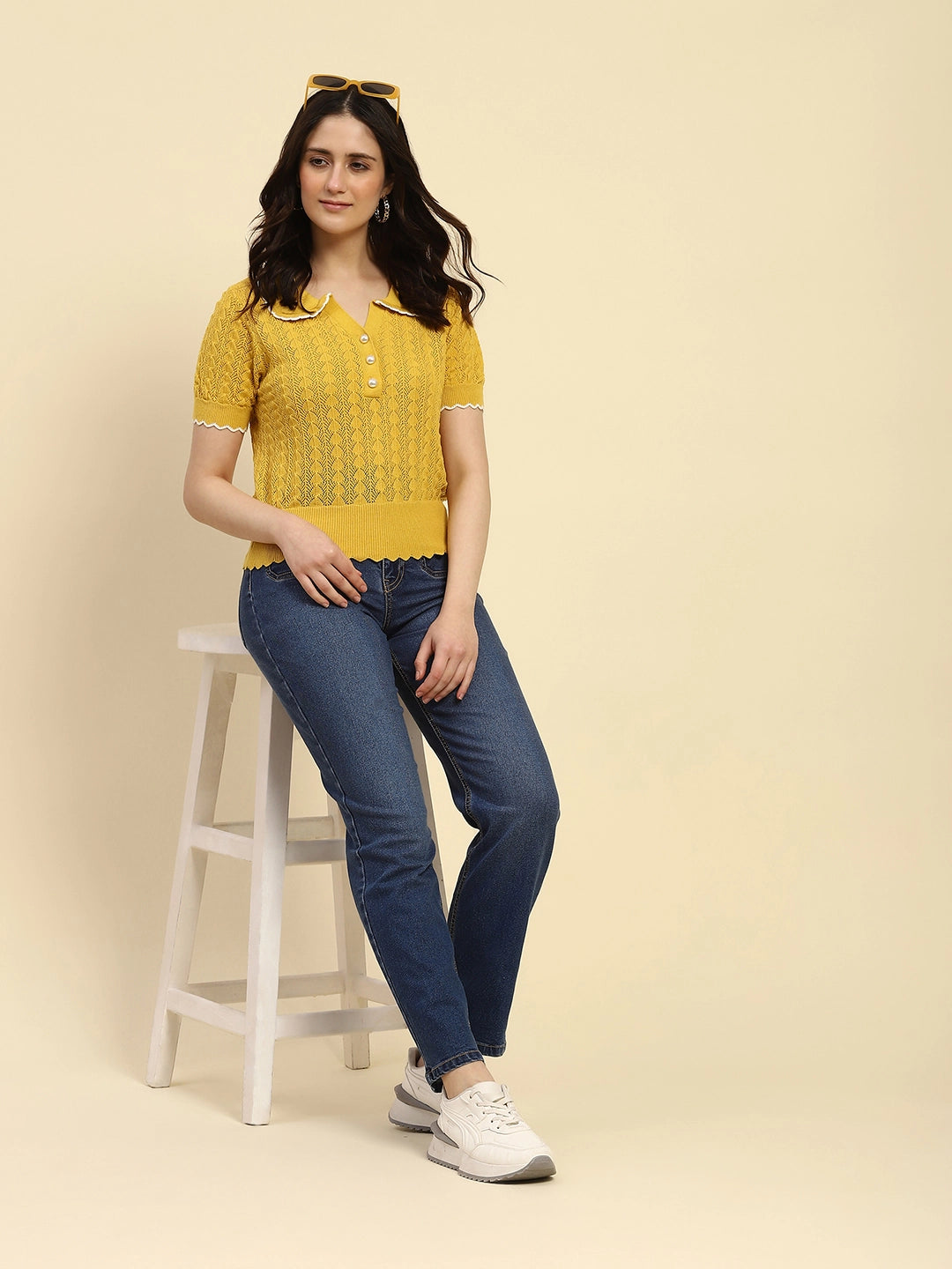 Yellow Textured Pattern Cotton Blend Relaxed Fit Top