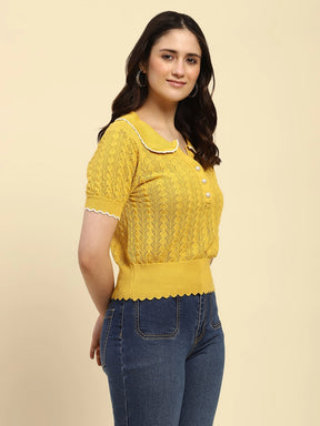 Yellow Textured Pattern Cotton Blend Relaxed Fit Top