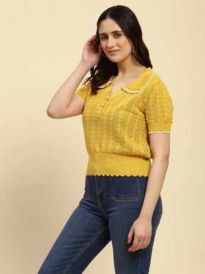 Yellow Textured Pattern Cotton Blend Relaxed Fit Top