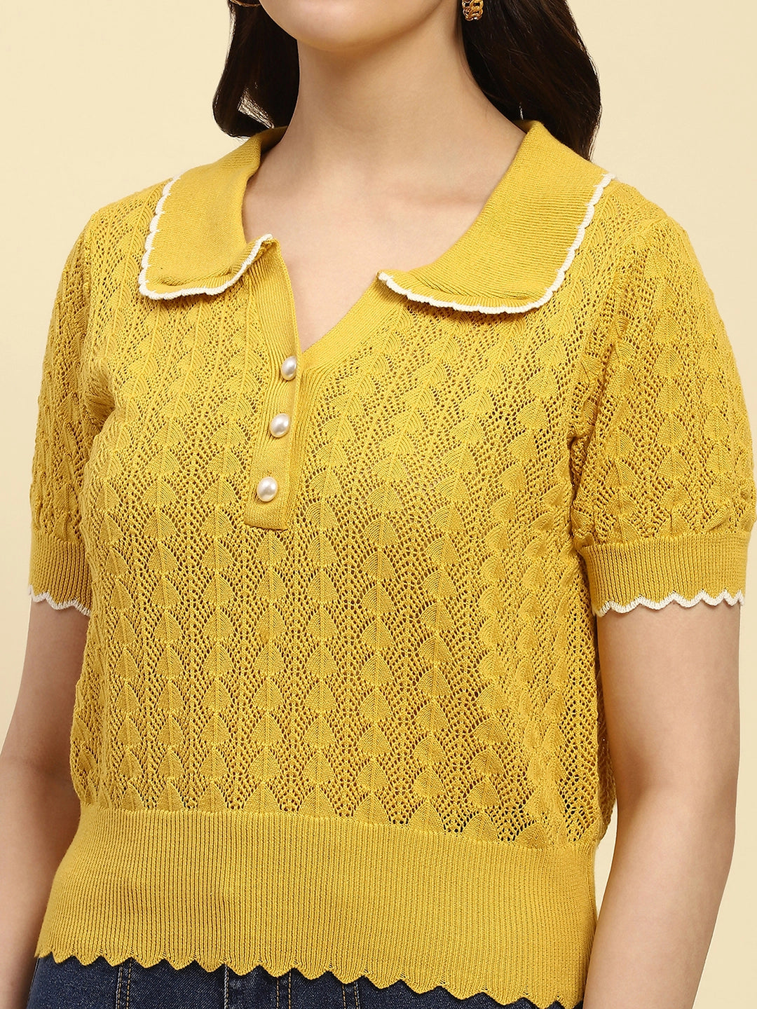 Yellow Textured Pattern Cotton Blend Relaxed Fit Top