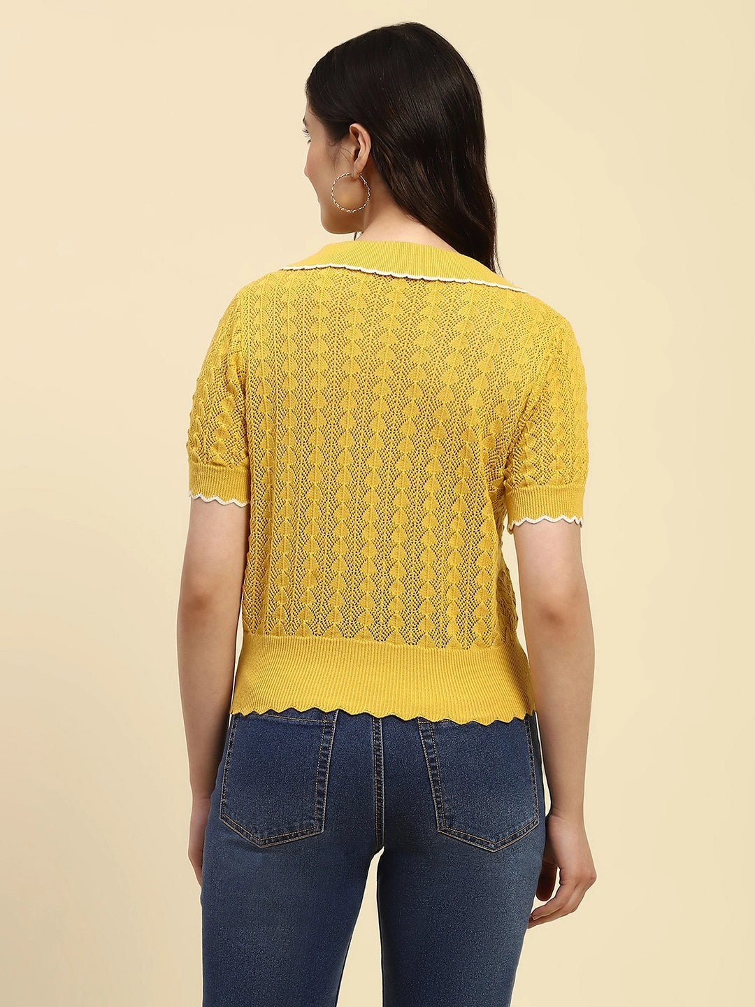 Yellow Textured Pattern Cotton Blend Relaxed Fit Top