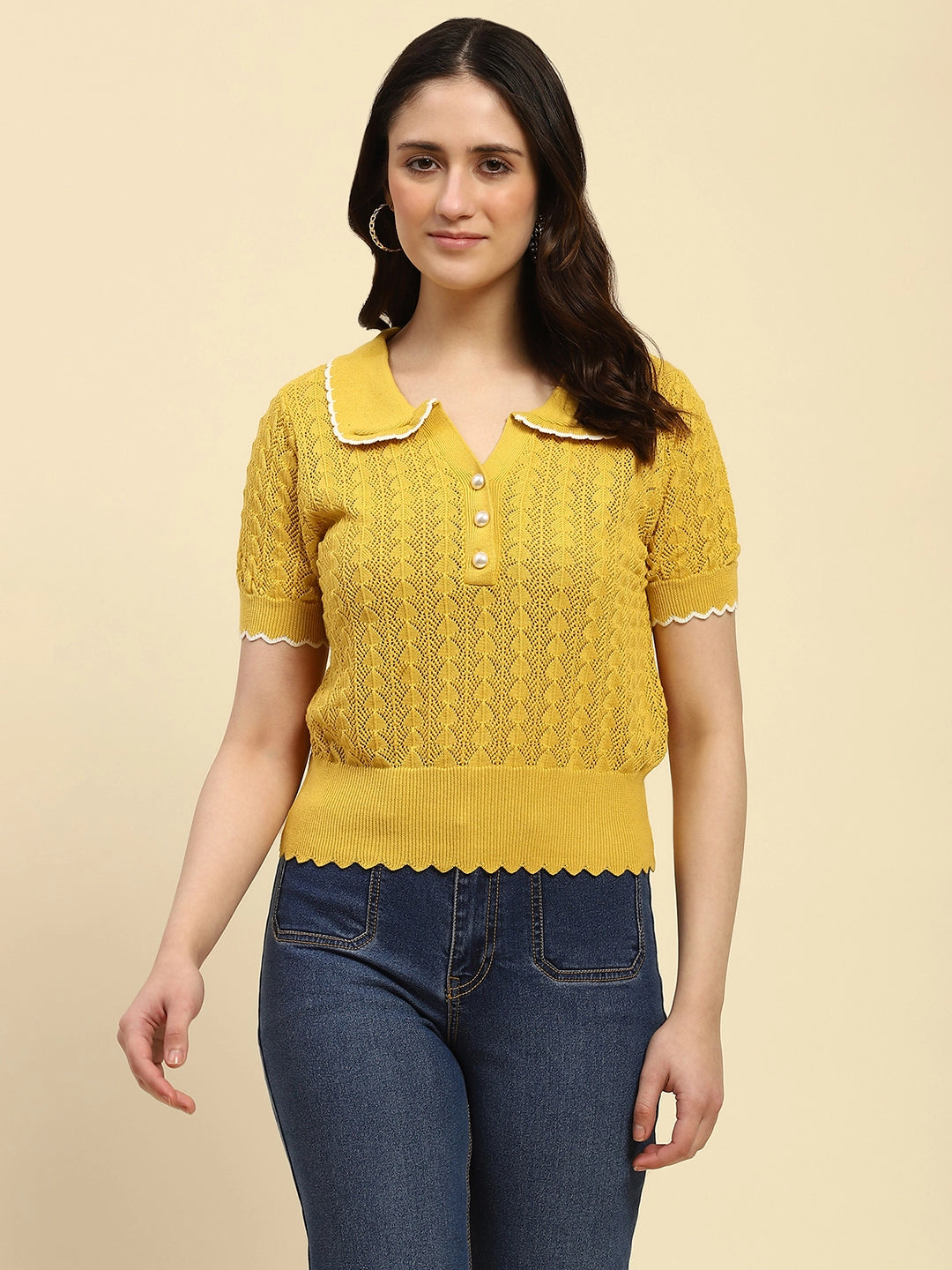 Yellow Textured Pattern Cotton Blend Relaxed Fit Top