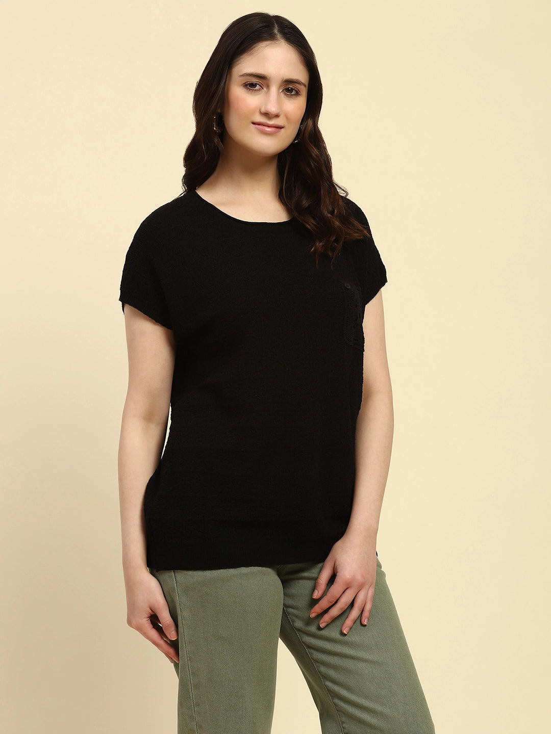 Black Textured Pattern Viscose Boxy Fit Top