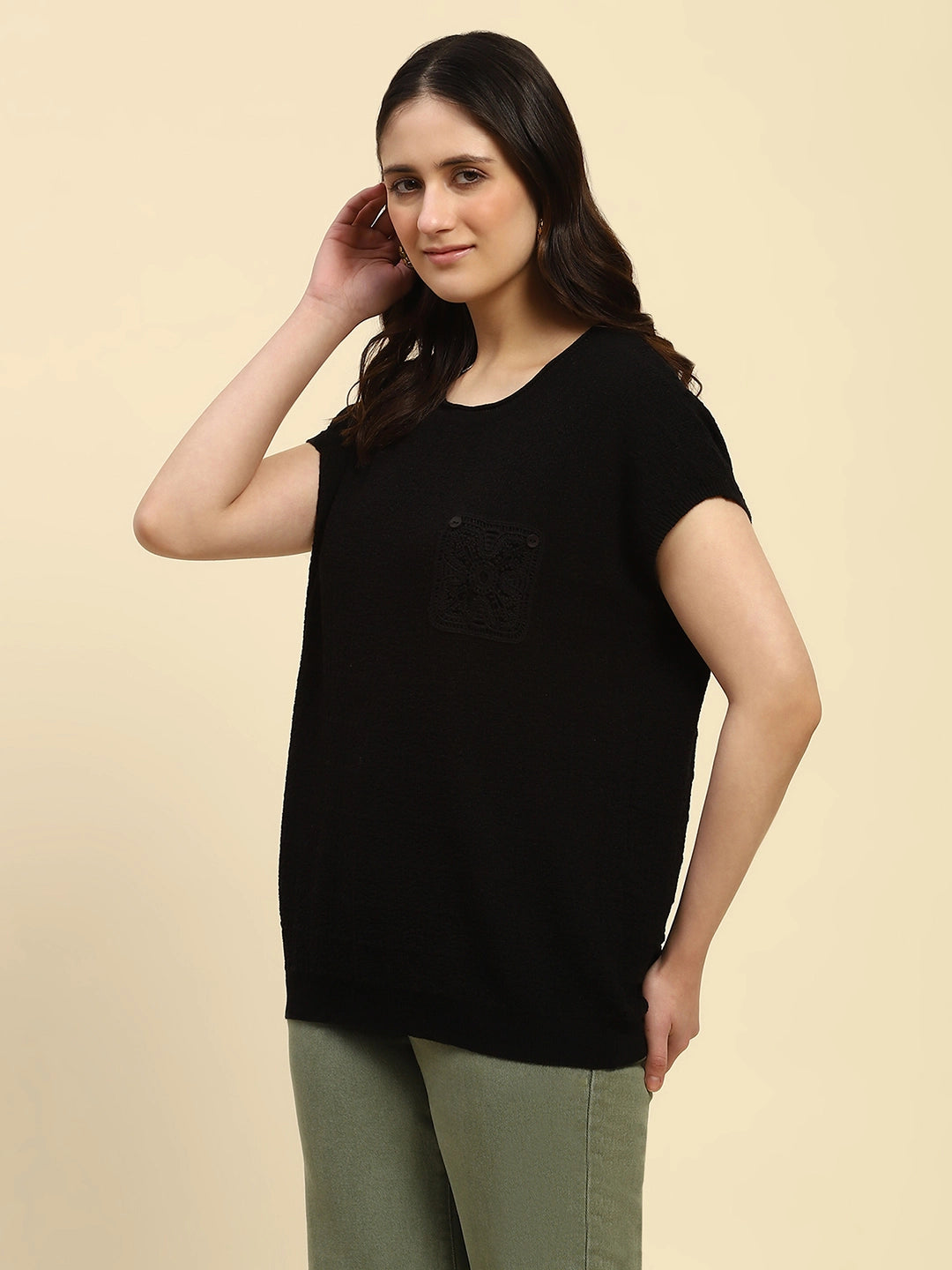 Black Textured Pattern Viscose Boxy Fit Top