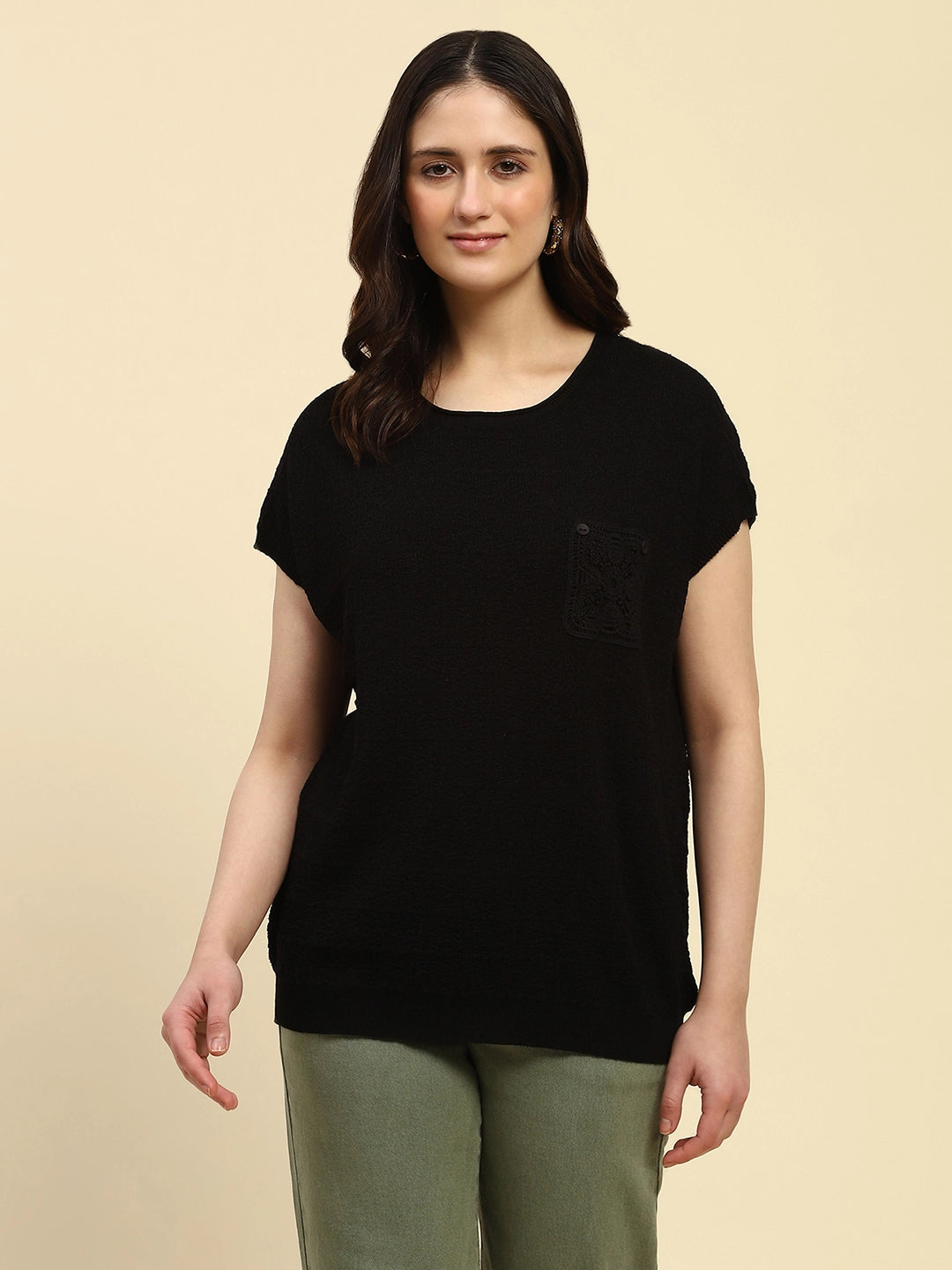 Black Textured Pattern Viscose Boxy Fit Top