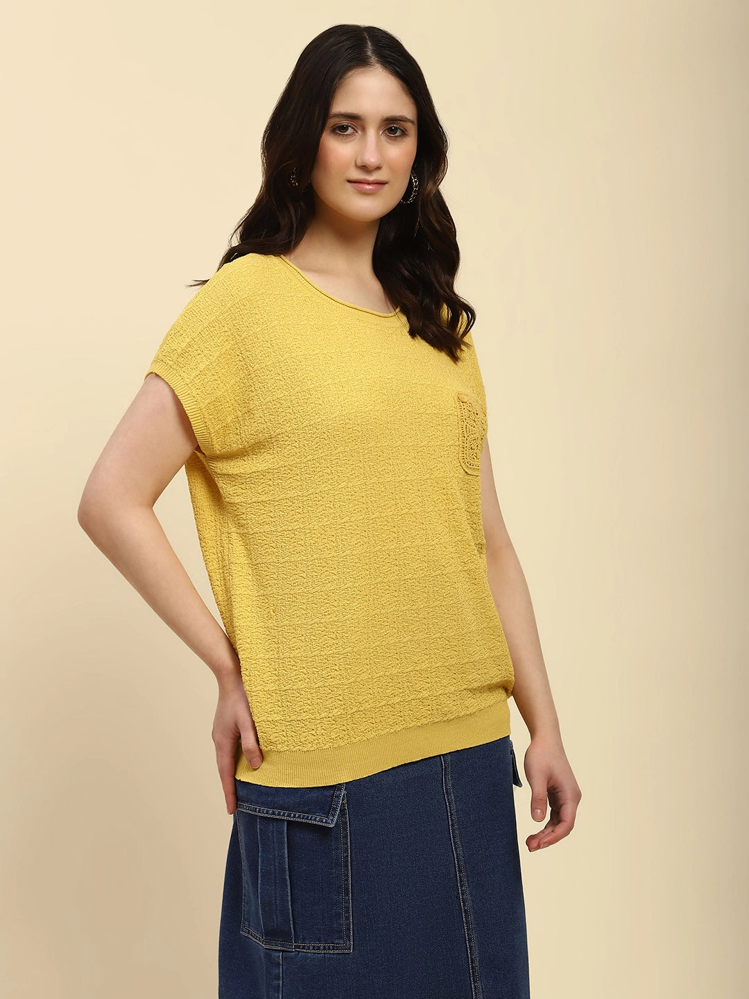 Mustard Textured Pattern Viscose Boxy Fit Top