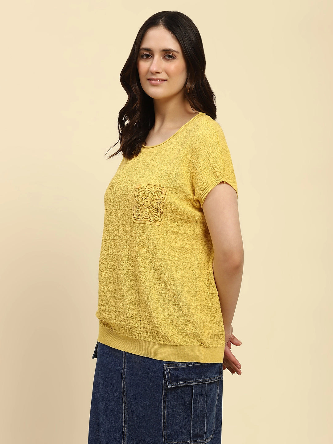 Mustard Textured Pattern Viscose Boxy Fit Top