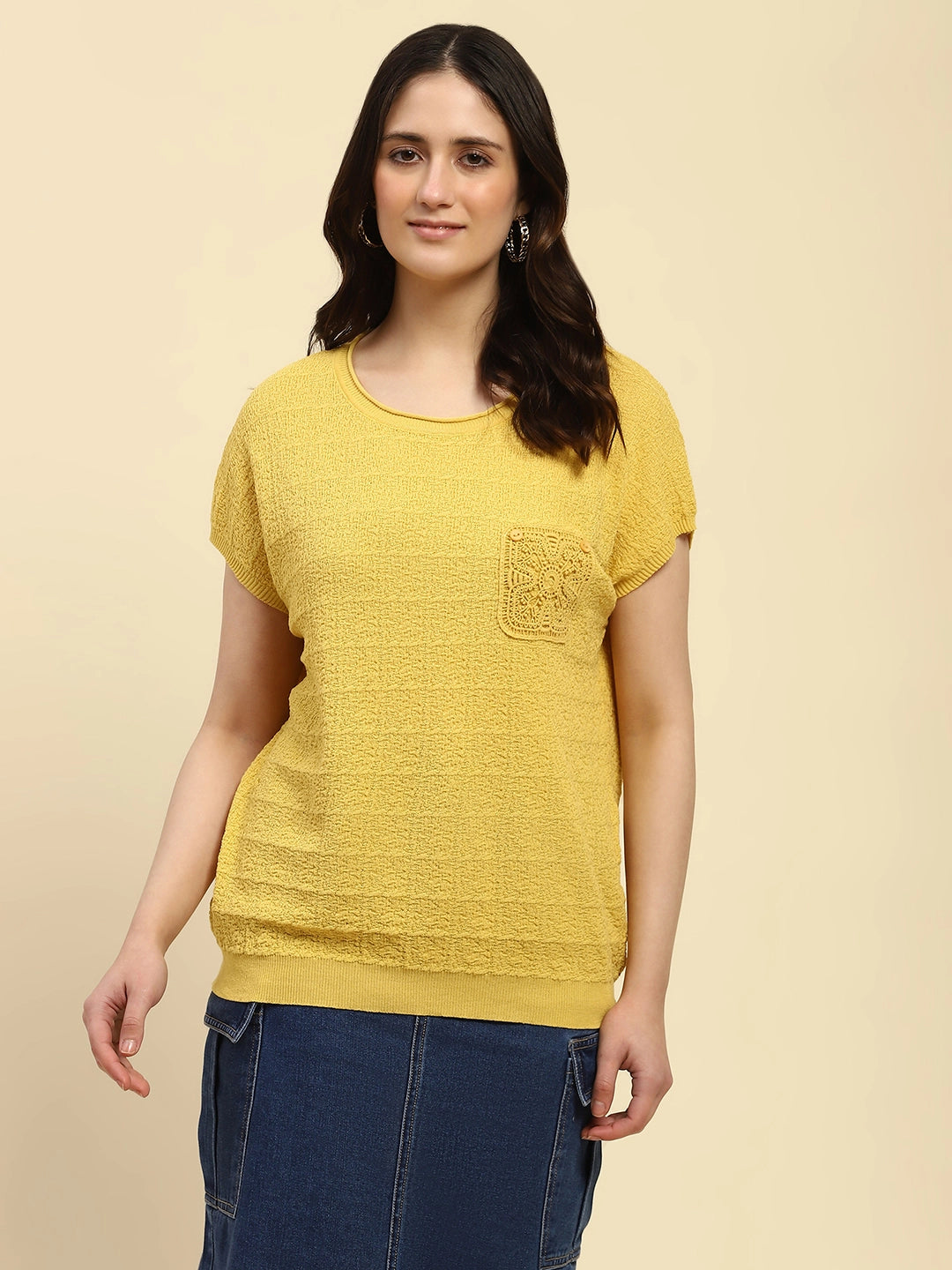 Mustard Textured Pattern Viscose Boxy Fit Top