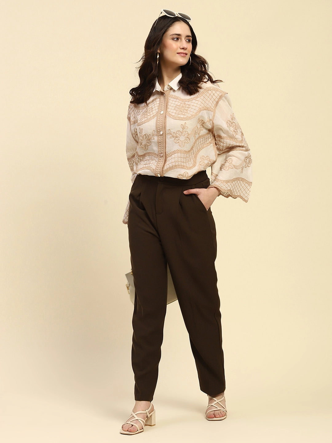 Cream & Beige Embroidered Cotton Boxy Fit Shirt