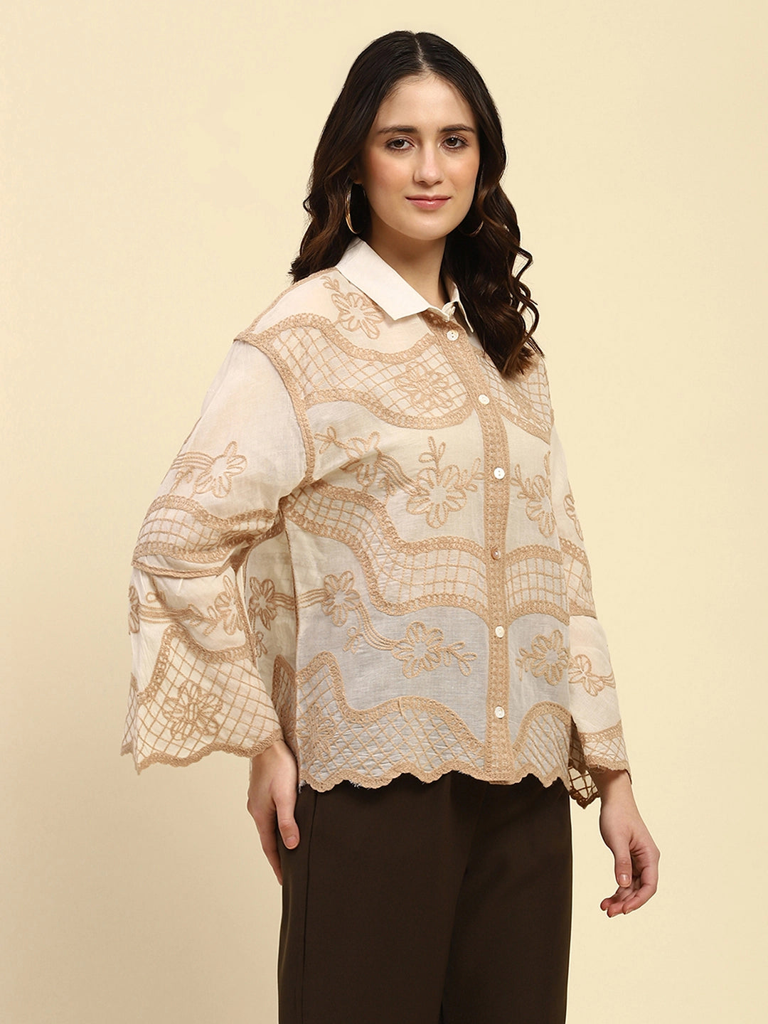 Cream & Beige Embroidered Cotton Boxy Fit Shirt