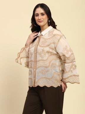 Cream & Beige Embroidered Cotton Boxyy Fit Shirt