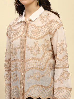 Cream & Beige Embroidered Cotton Boxyy Fit Shirt